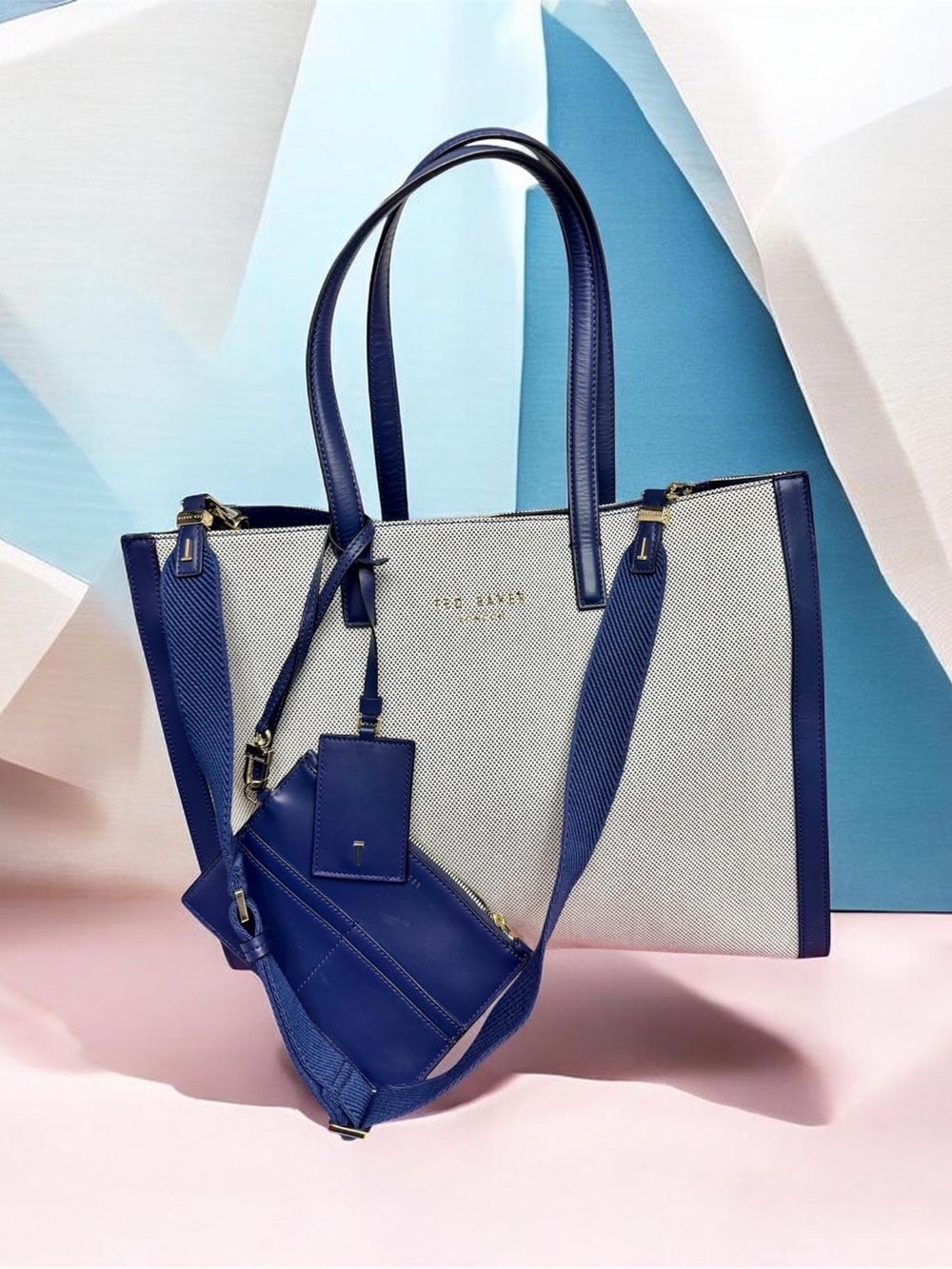 Ted Baker Blue and Cream Canvas Tote with Navy Trim